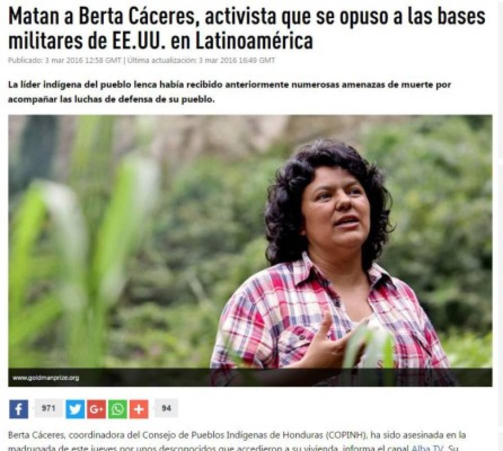 Muerte de Berta Cáceres trasciende fronteras