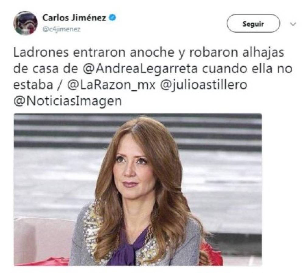 Tres ladrones entran a robar a casa de Andrea Legarreta y huyen con valiosas joyas