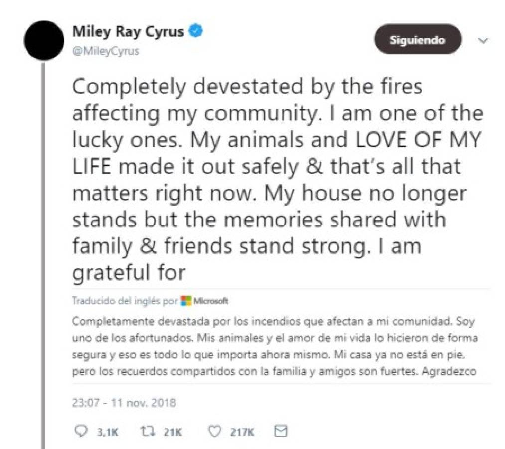 Desgarrador relato de Miley Cyrus por incendios en California: 'Mi casa ya no está'