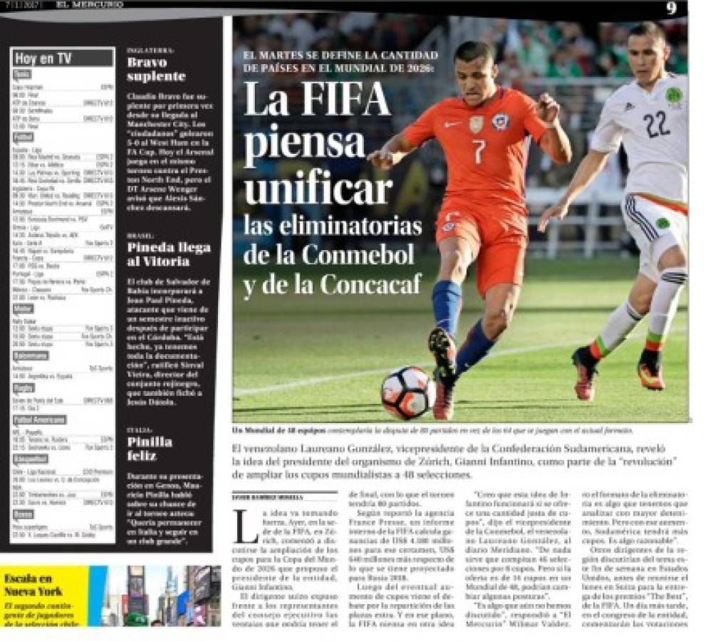 El diario chileno El Mercurio, publicó la polémica propuesta del presidente de la FIFA. (Foto: Captura / El Heraldo Honduras / Deportes El Heraldo)