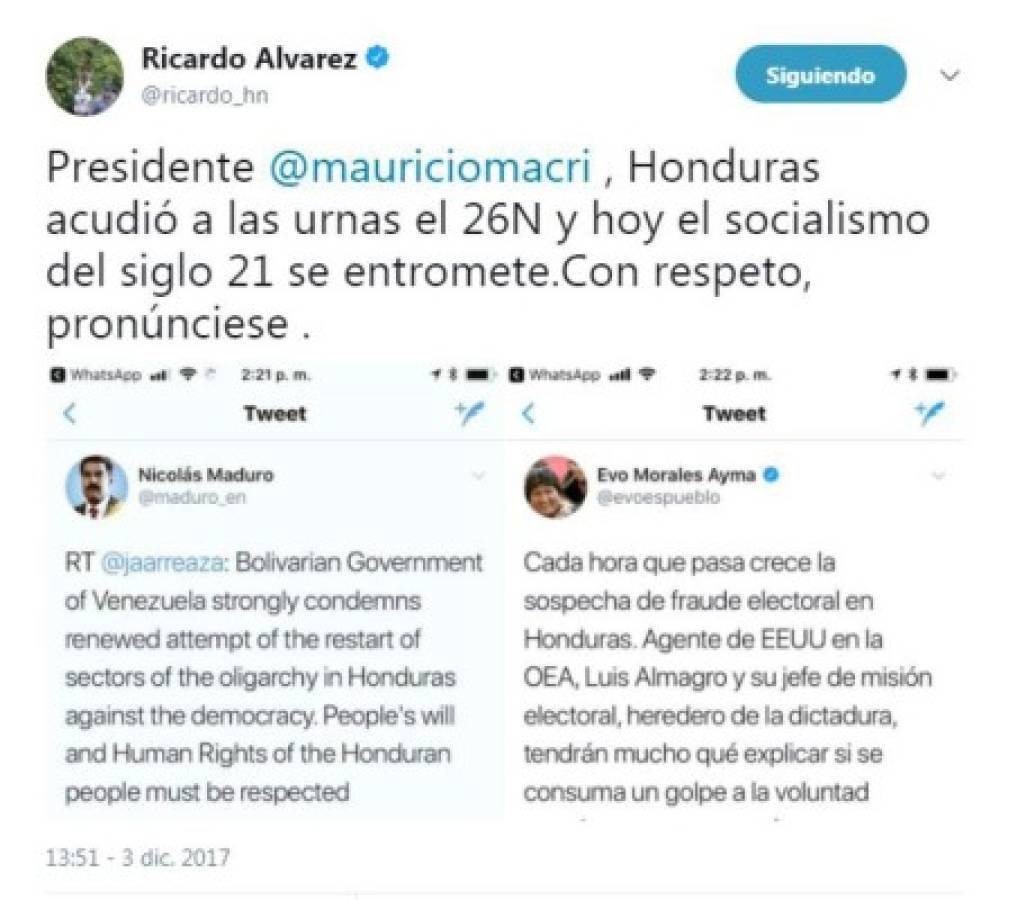 Tuit publicado por el designado presidencial Ricardo Álvarez.