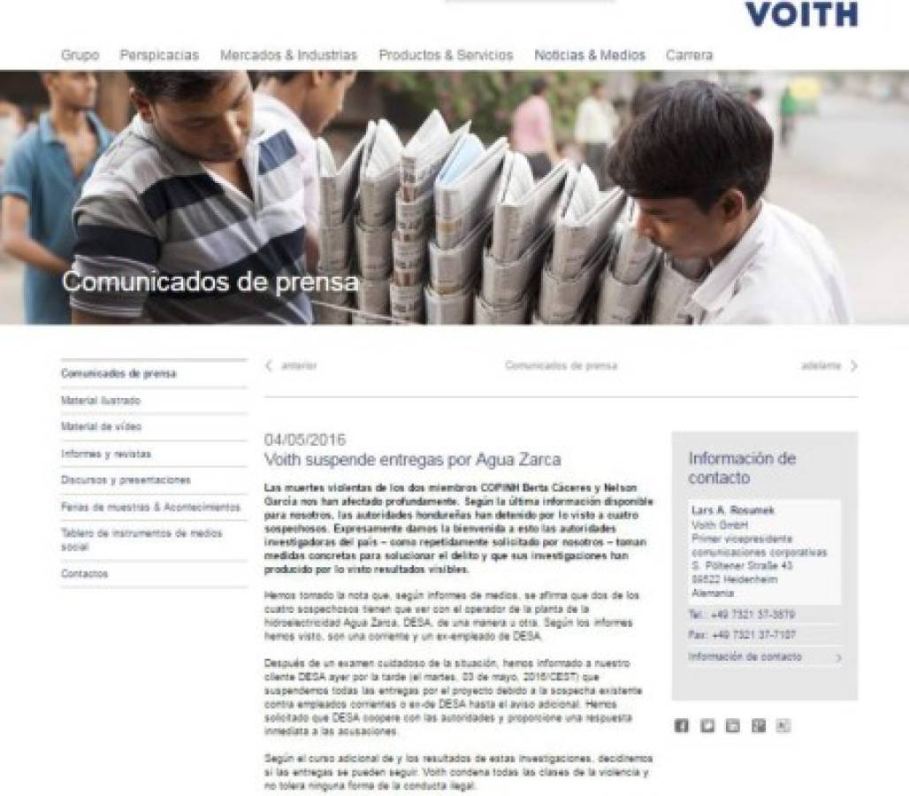 Voith Hydro suspende entregas a DESA por implicación de empleados en crimen de Berta