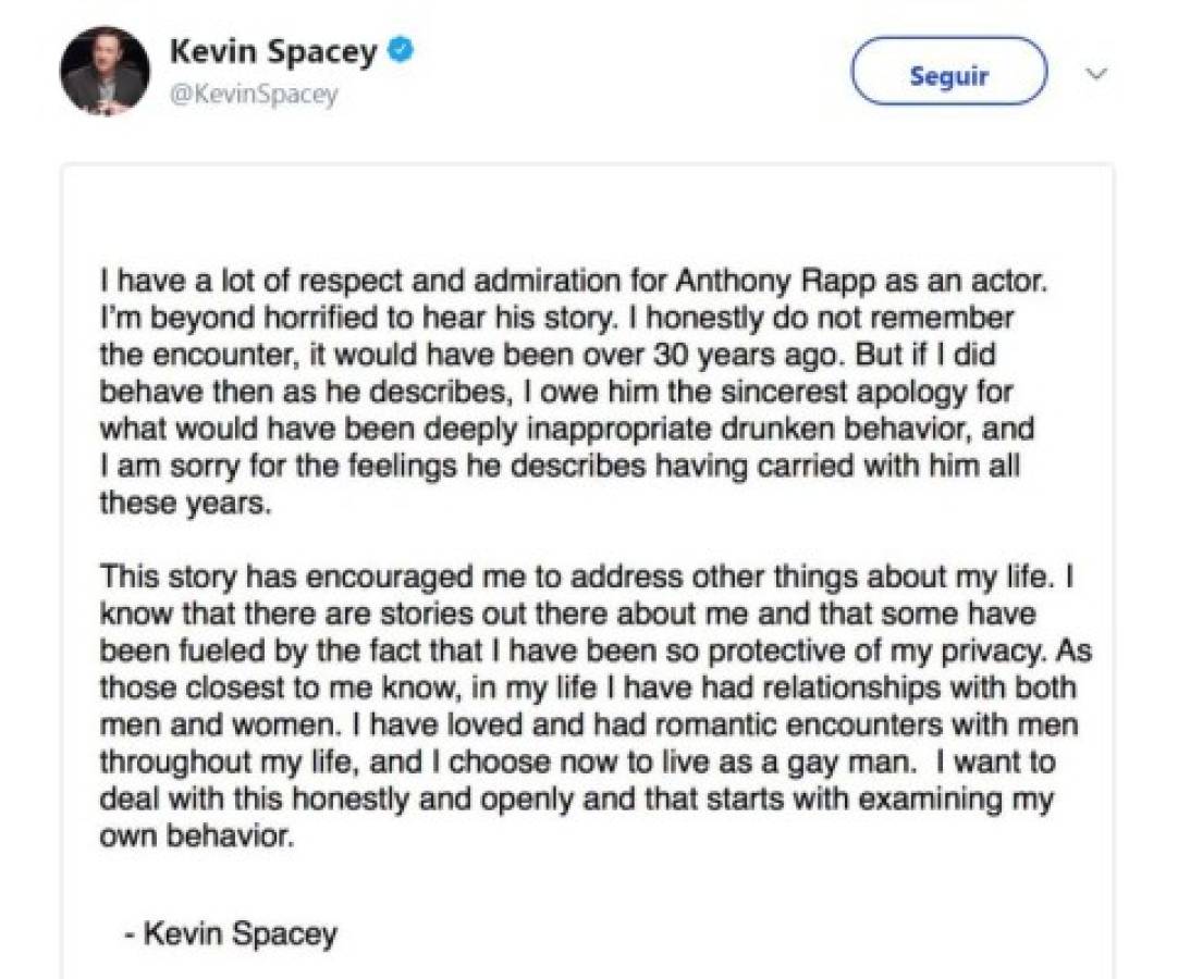 Kevin Spacey se disculpa por serias acusaciones sexuales y se declara homosexual