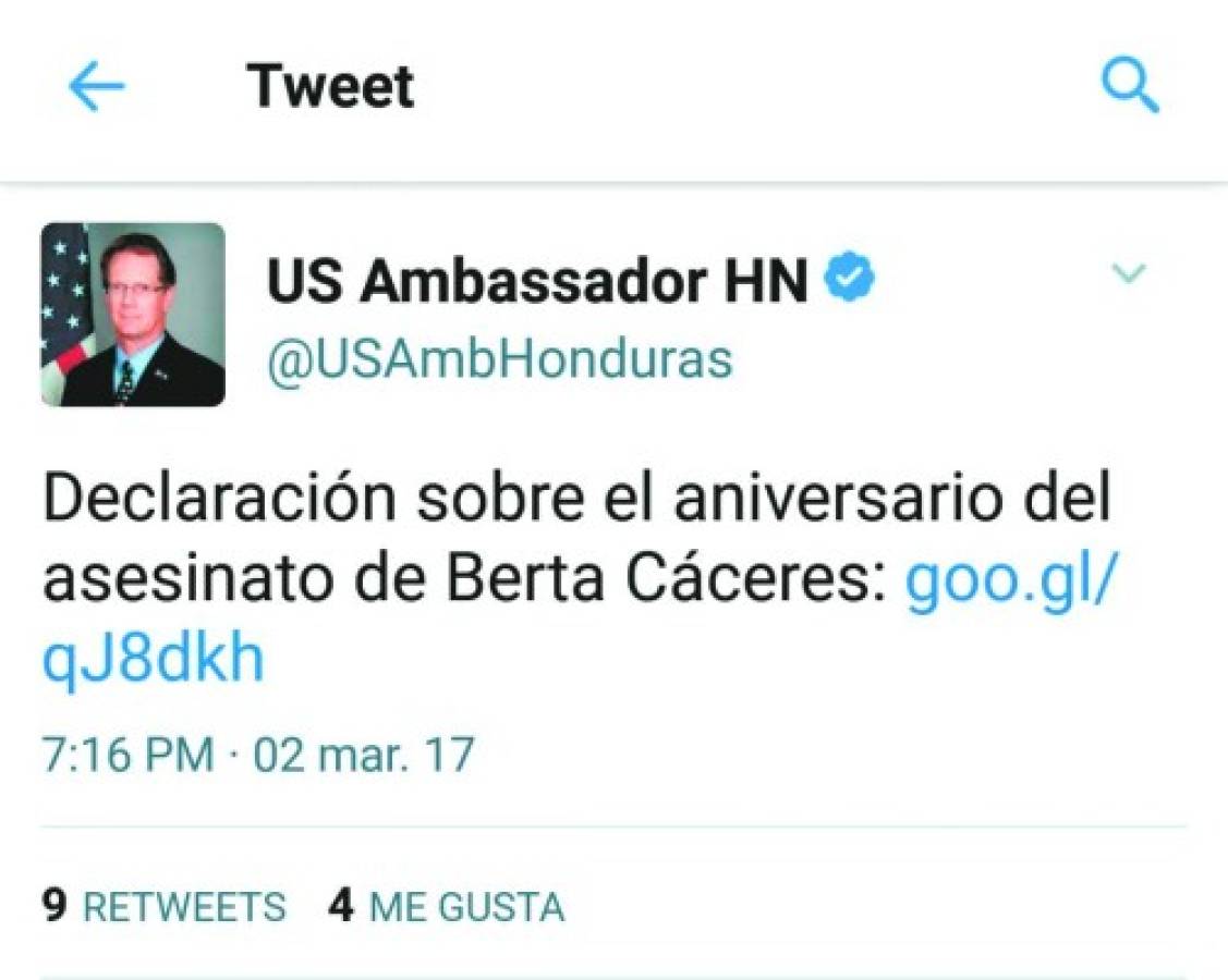El embajador James Nealon dijo que EE UU apoya a Honduras para enfrentar la impunidad y afirmó que sigue dando asistencia al MP para esclarecer el crimen contra Bertha Cáceres.