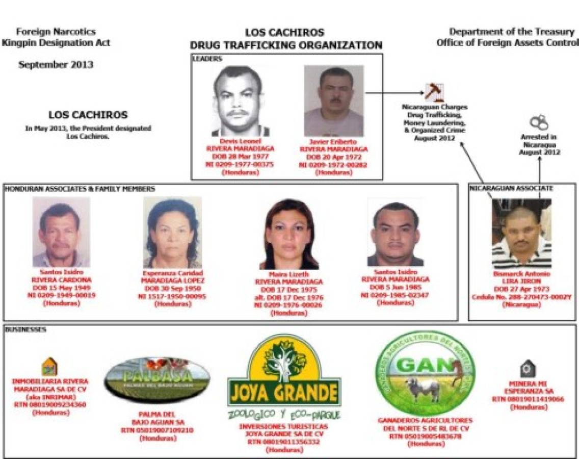 Organigrama elaborado por el Departamento del Tesoro de los EE UU que designa a la familia Rivera Maradiaga.