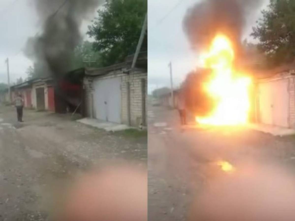 Vídeo: Incendio de un garaje en Rusia deja a un hombre con fuertes quemaduras