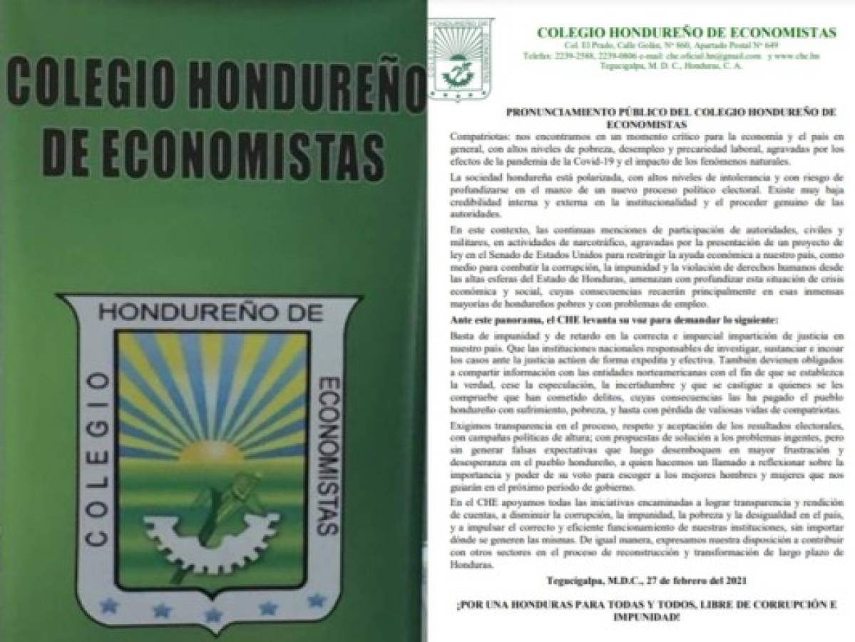 Colegio Hondureño de Economistas: 'Exigimos transparencia, respeto y aceptación de los resultados electorales'