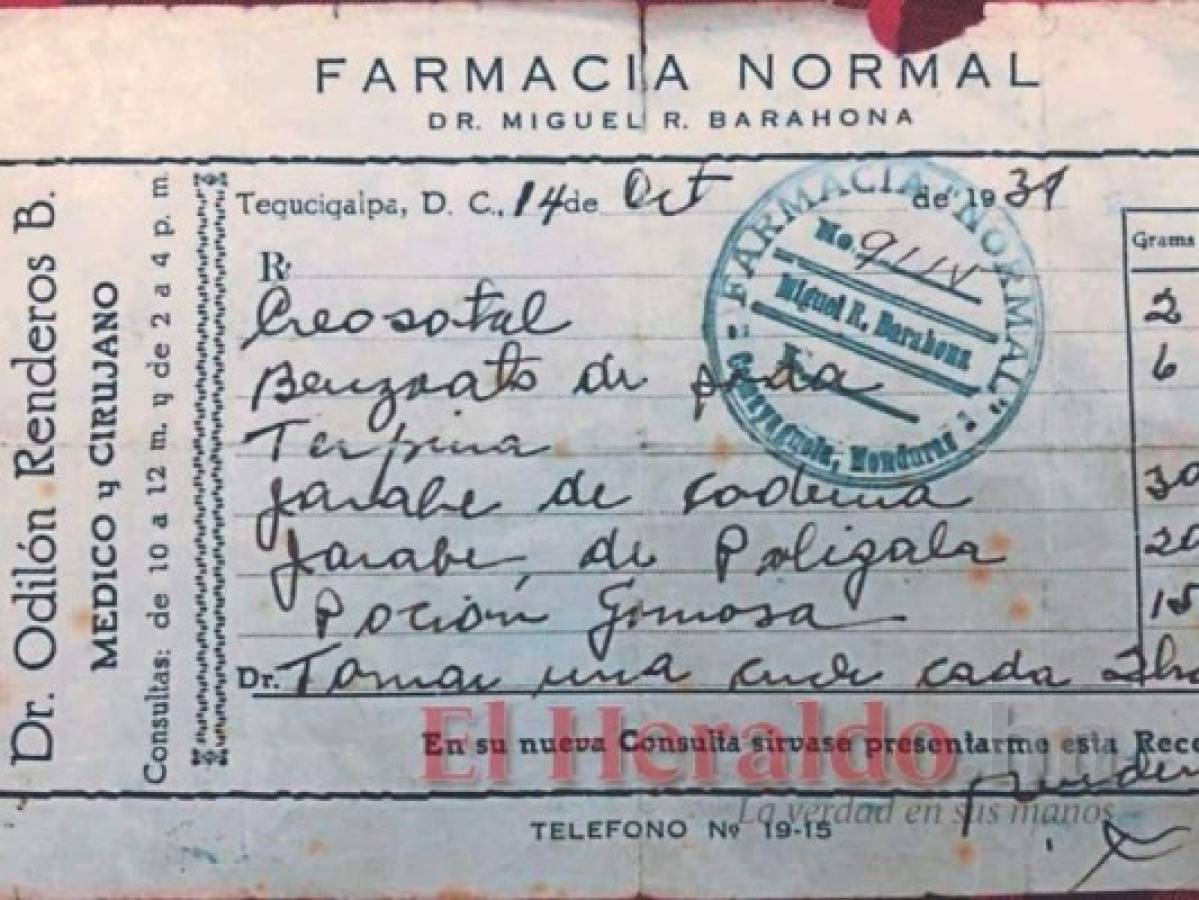 Receta del doctor Renderos extendida en 1934 a uno de sus pacientes. Foto: El Heraldo