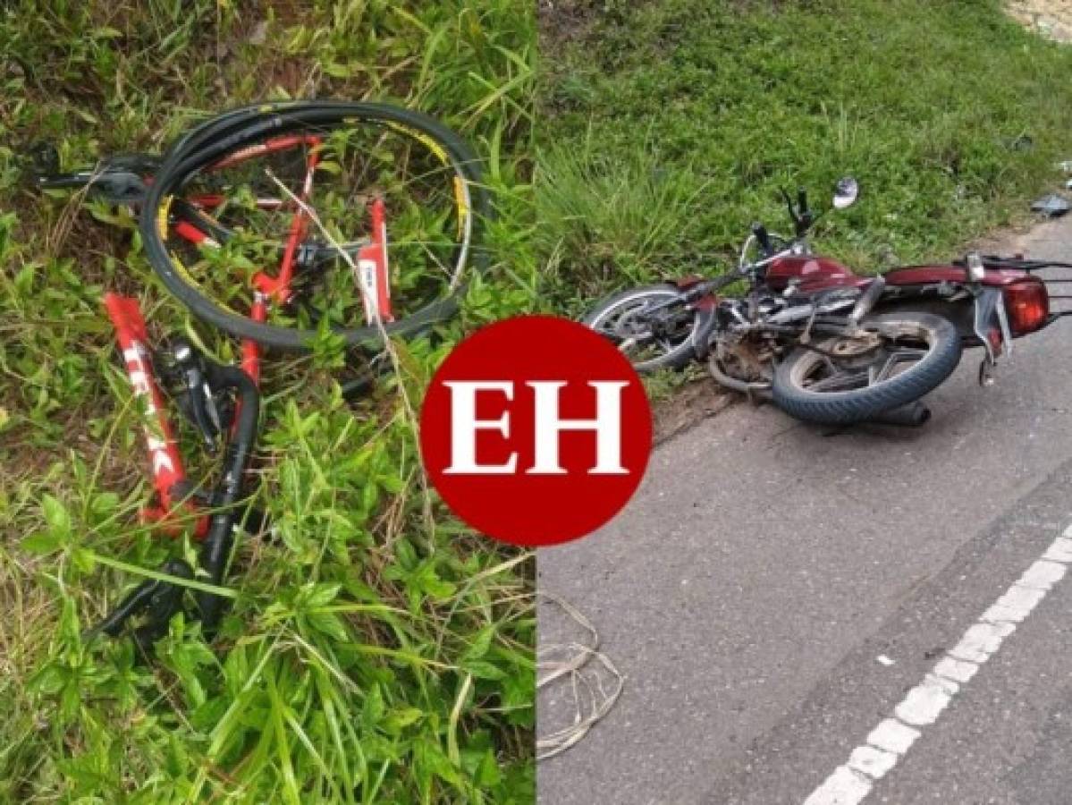 Así quedaron la bicicleta y la motocicleta de ambas víctimas del accidente. El motociclista sobrevivió al percance. Foto: Estalin Irías/ EL HERALDO