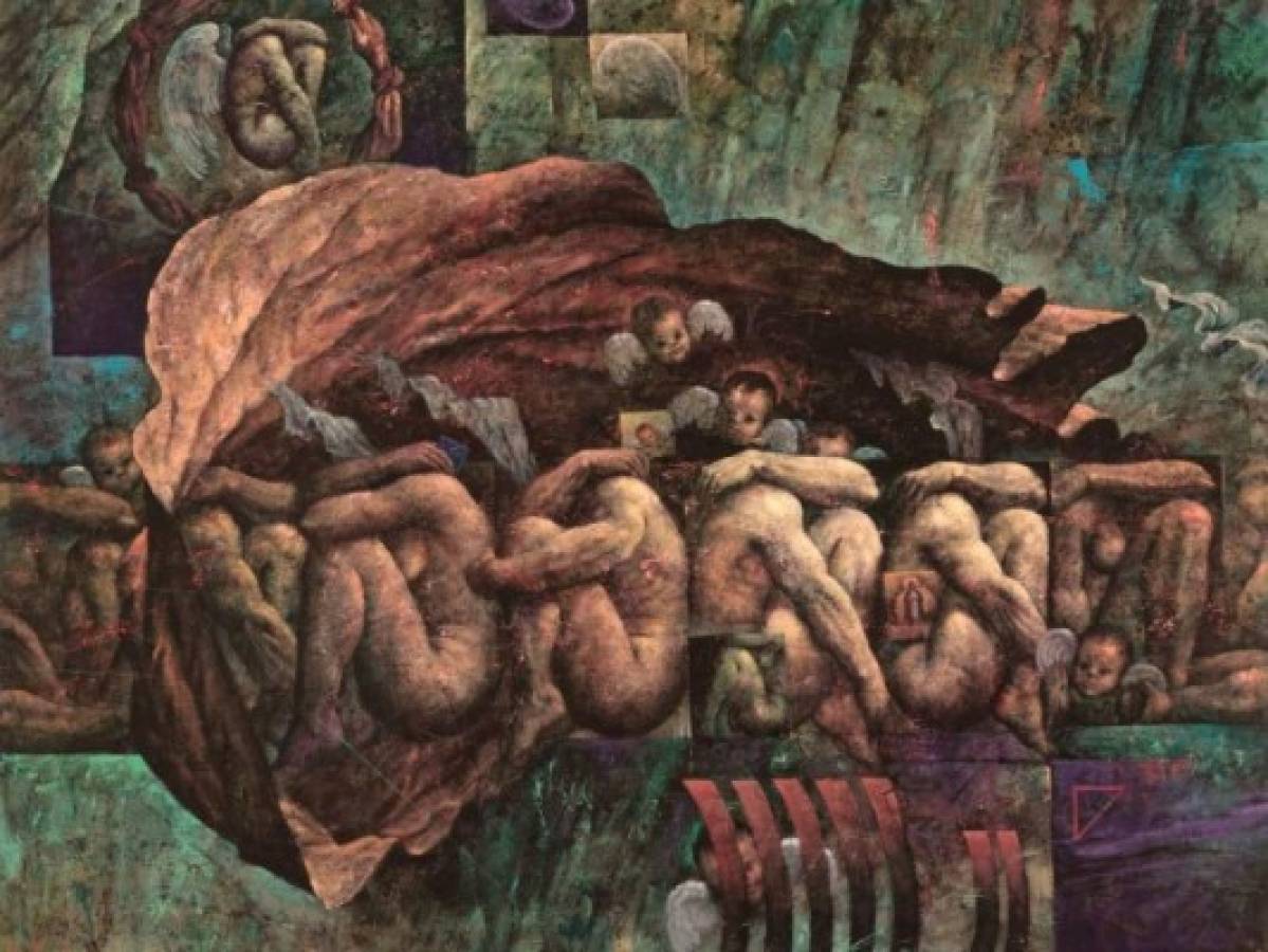 “Refugiados”, 1994.Con esta obra gana la Medalla de Oro en la Segunda Bienal de Pintura de Centroamérica y el Caribe, República Dominicana (1994). Desde la metáfora del cuerpo aborda el tema de los migrantes, la odisea de un viaje doloroso.