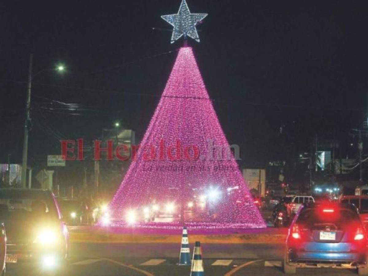 En la salida al sur, sobre la rotonda, hay un gigantesco árbol navideño con luces rosas. Foto: Efraín Salgado/ EL HERALDO