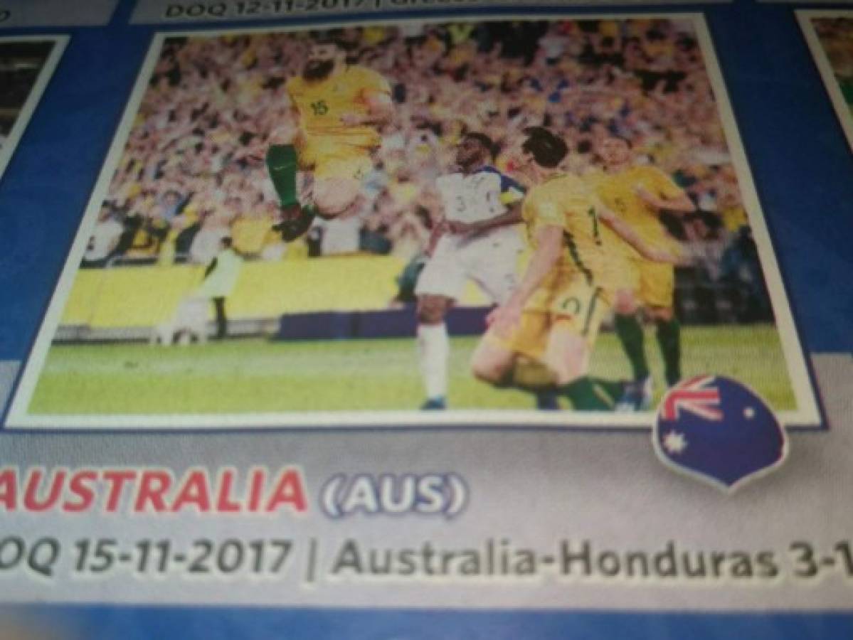 El álbum Panini 2018 recoge los momentos en los que se clasificaron 31 de los participantes (Rusia no por ser sede). Obviamente Australia cuando ganó 3-1 en Sydney ante la H y al fondo Mayor Figueroa.