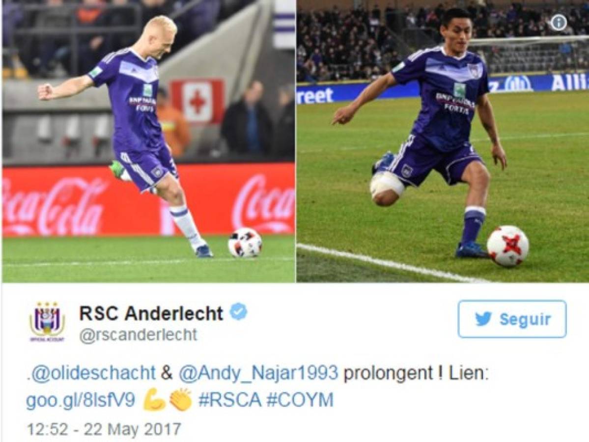 El volante hondureño Andy Nájar seguirá en el Anderlecht hasta 2020