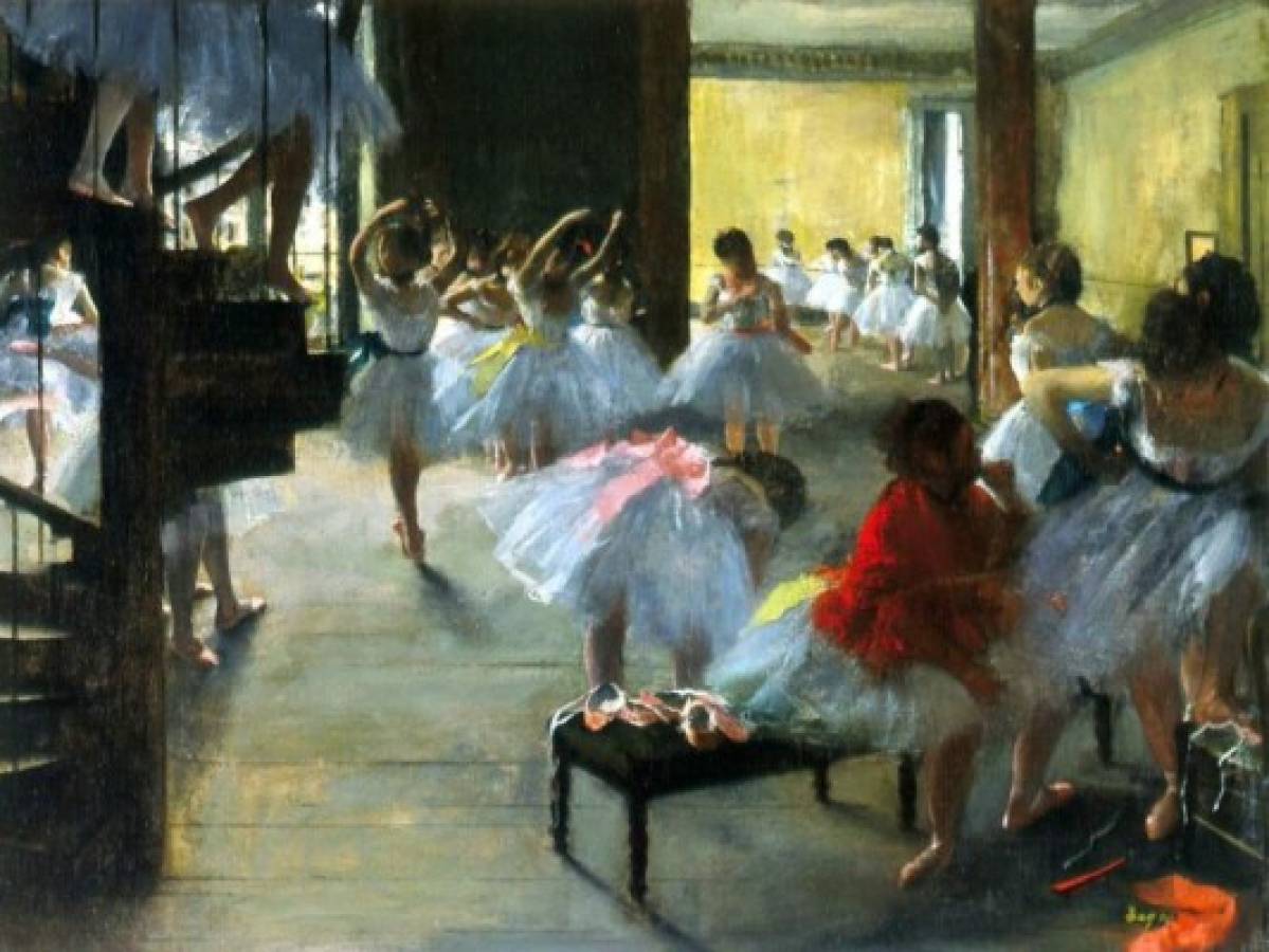 Edgar Degas, “La clase de danza”, 1874. Resuelve el espacio cerrado concentrando la luz en el color blanco, permitiendo que la composición distribuya con solvencia los grupos de bailarinas.