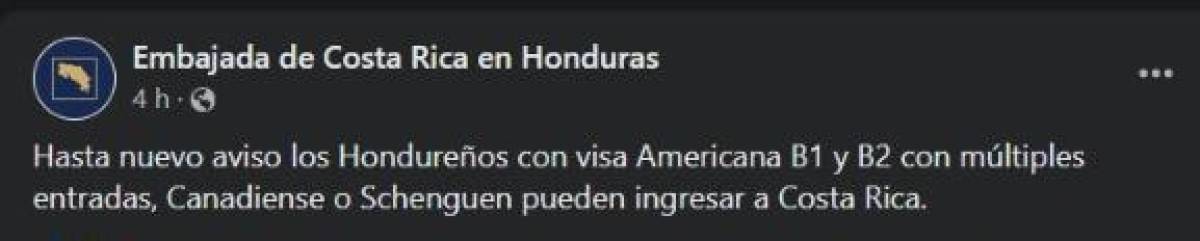 Hondureños con visas B1 y B2 podrán ingresar a Costa Rica