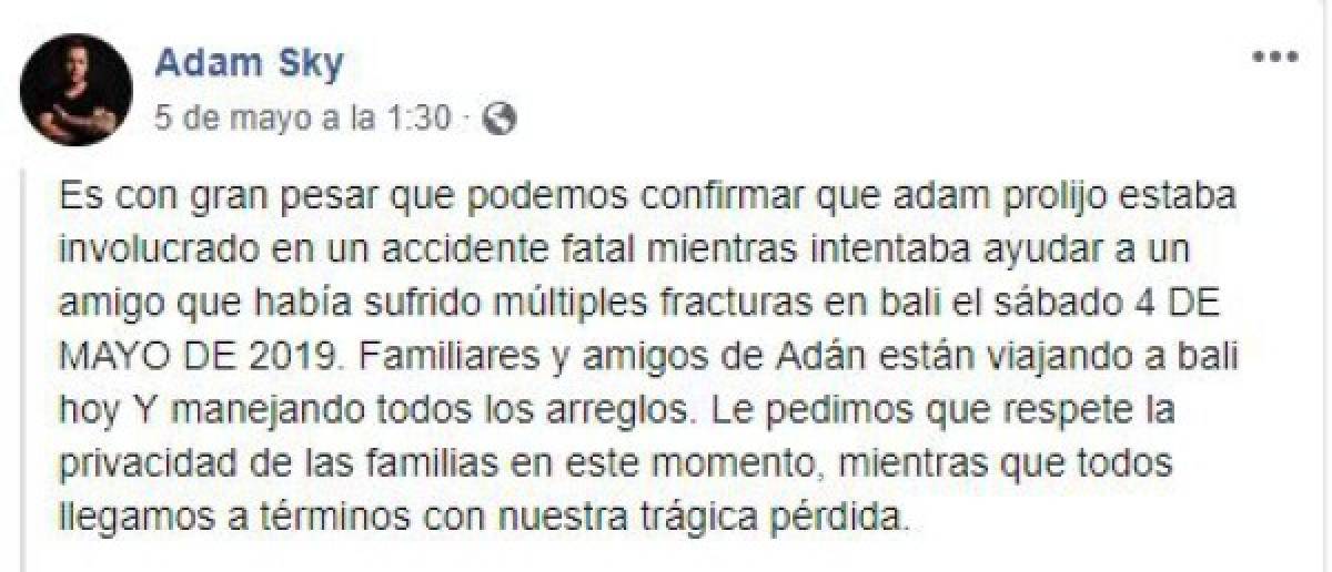 Comunicado publicado en la página de Facebok de Adam Sky. FOTO: Captura Facebook