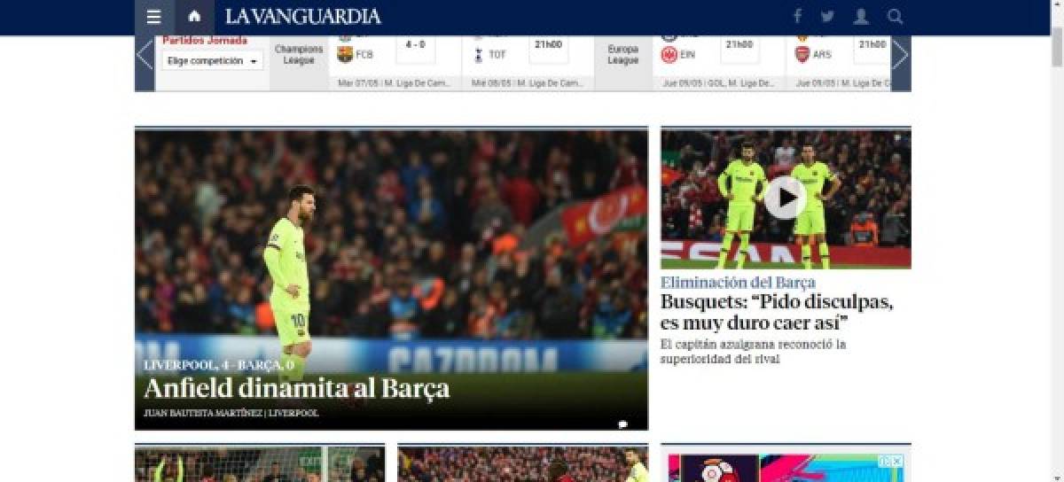 Así titularon los periódicos digitales del mundo la eliminación del Barcelona ante Liverpool en la Champions