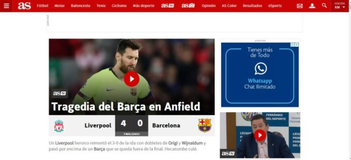 Así titularon los periódicos digitales del mundo la eliminación del Barcelona ante Liverpool en la Champions