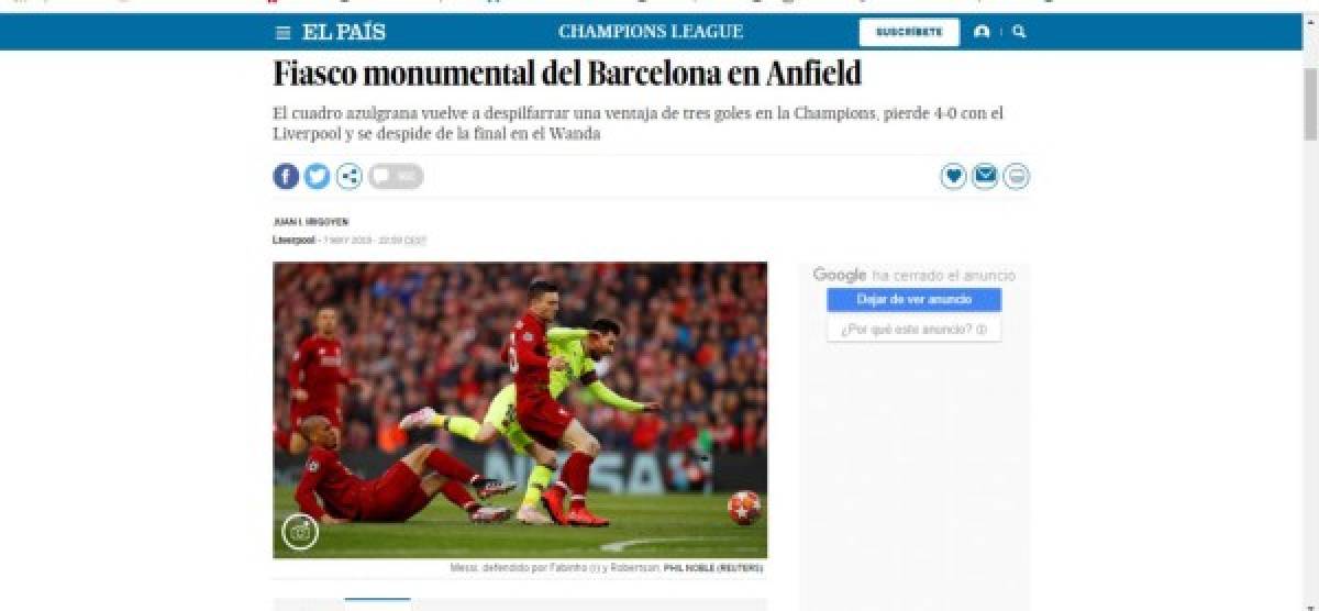 Así titularon los periódicos digitales del mundo la eliminación del Barcelona ante Liverpool en la Champions