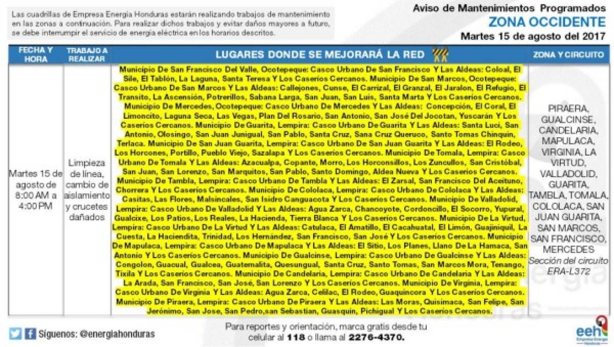 Listado de sectores que no tendrán energía eléctrica este martes en Honduras