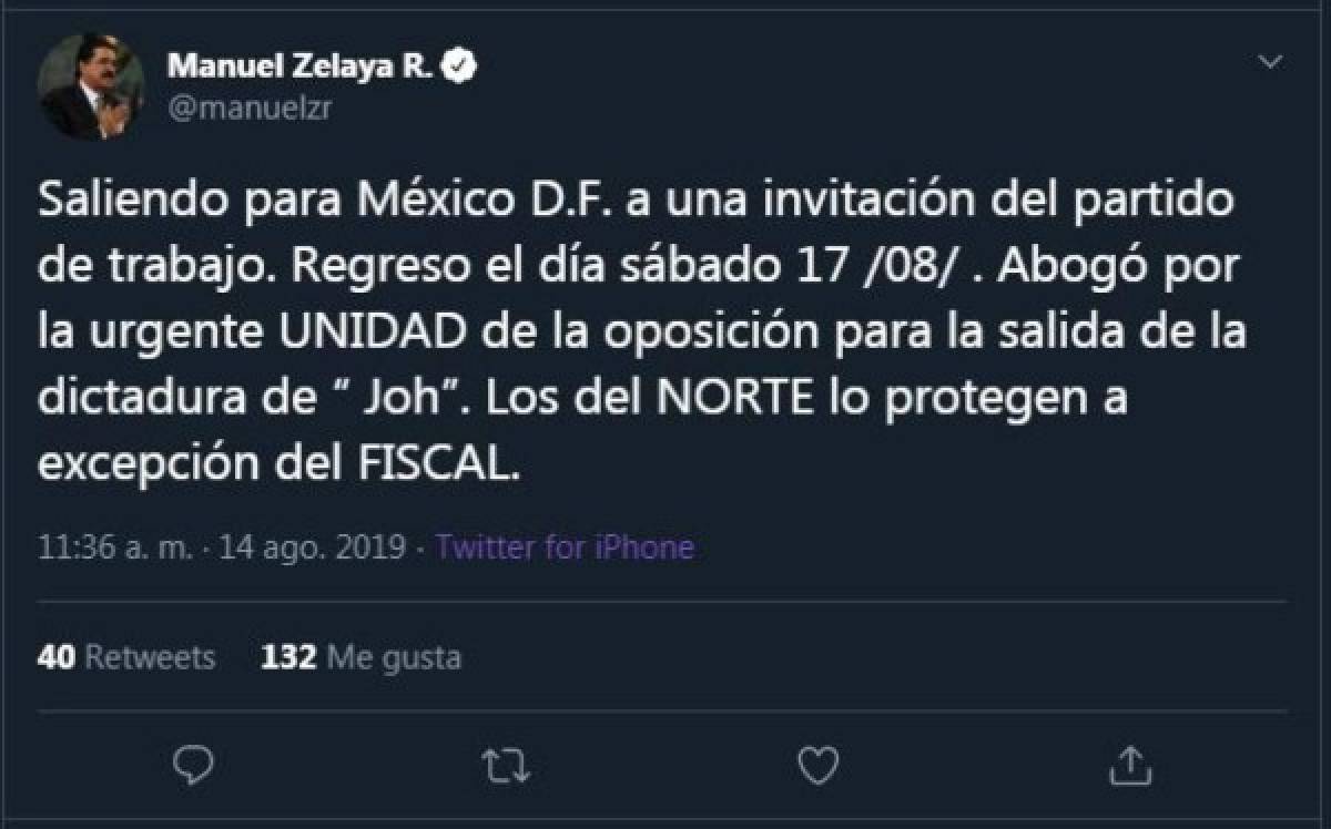 Manuel Zelaya viaja a México y aboga por unidad de la oposición