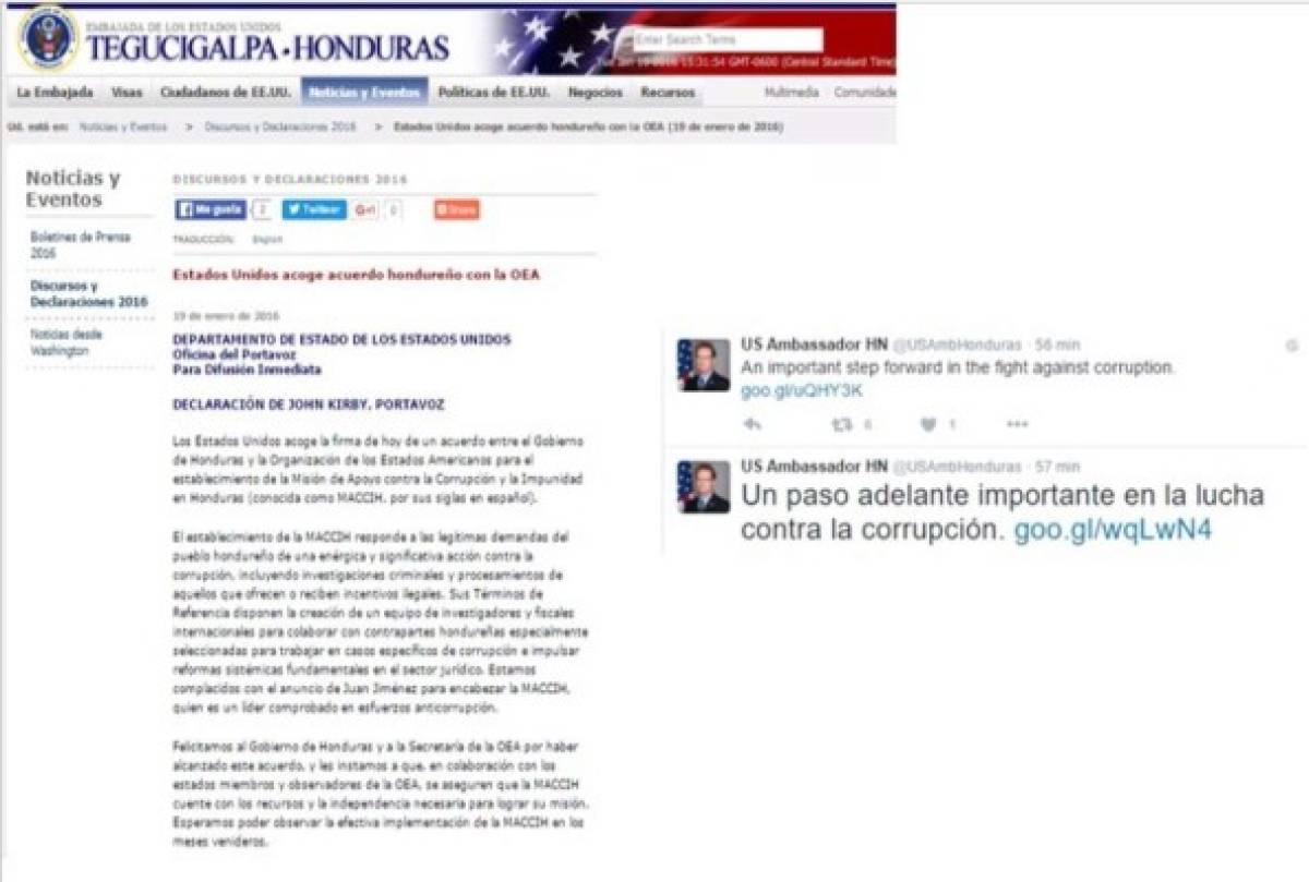 'Un paso adelante importante en la lucha contra la corrupción' escribió en su cuenta de Twitter, el embajador de los Estados Unidos acreditado en Honduras, James Nealon.