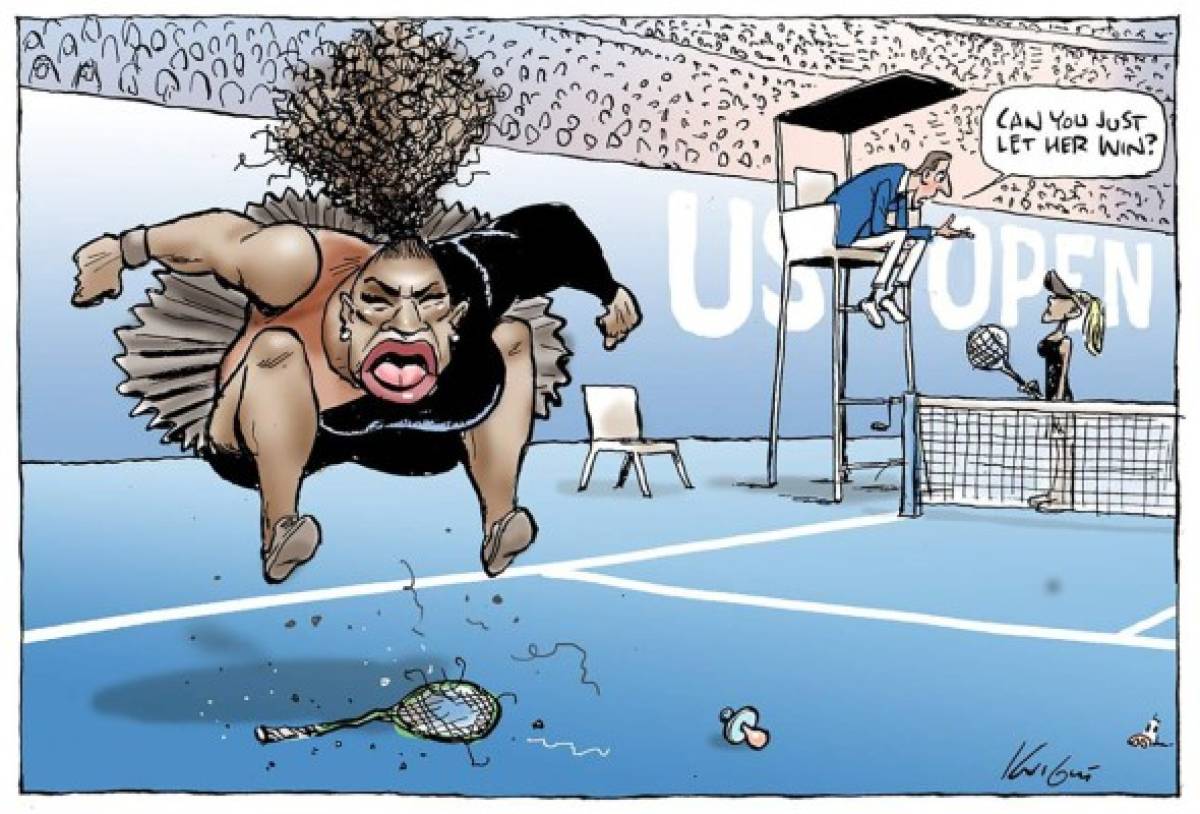 This handout obtained on September 11, 2018 from the Herald Sun shows a cartoon published on September 10 of US tennis player Serena Williams in the controversial final of the US Open women's singles final. - An Australian cartoonist has come under withering criticism for portraying tennis superstar Serena Williams using -- what Harry Potter author JK Rowling described as -- 'racist and sexist tropes'. Mark Knight's caricature, published in Melbourne's Herald Sun newspaper on September 10, shows a butch and fat-lipped Williams jumping up and down on her broken racquet at the US Open. (Photo by Mark KNIGHT / HERALD SUN / AFP) / --EDITORS NOTE --- ONE TIME USE --RESTRICTED TO EDITORIAL USE -- MANDATORY CREDIT 'AFP PHOTO / MARK KNIGHT / HERALD SUN' -- NO MARKETING NO ADVERTISING CAMPAIGNS - DISTRIBUTED AS A SERVICE TO CLIENTS - NO ARCHIVES -- TO BE USED EXCLUSIVELY FOR AFP STORY TENNIS-OPEN-USA-WILLIAMS-MEDIA -- MANDATORY LINK TO STORY https://www.heraldsun.com.au/news/victoria/herald-sun-backs-mark-knights-cartoon-on-serena-williams/news-story/30c877e3937a510d64609d89ac521d9f /