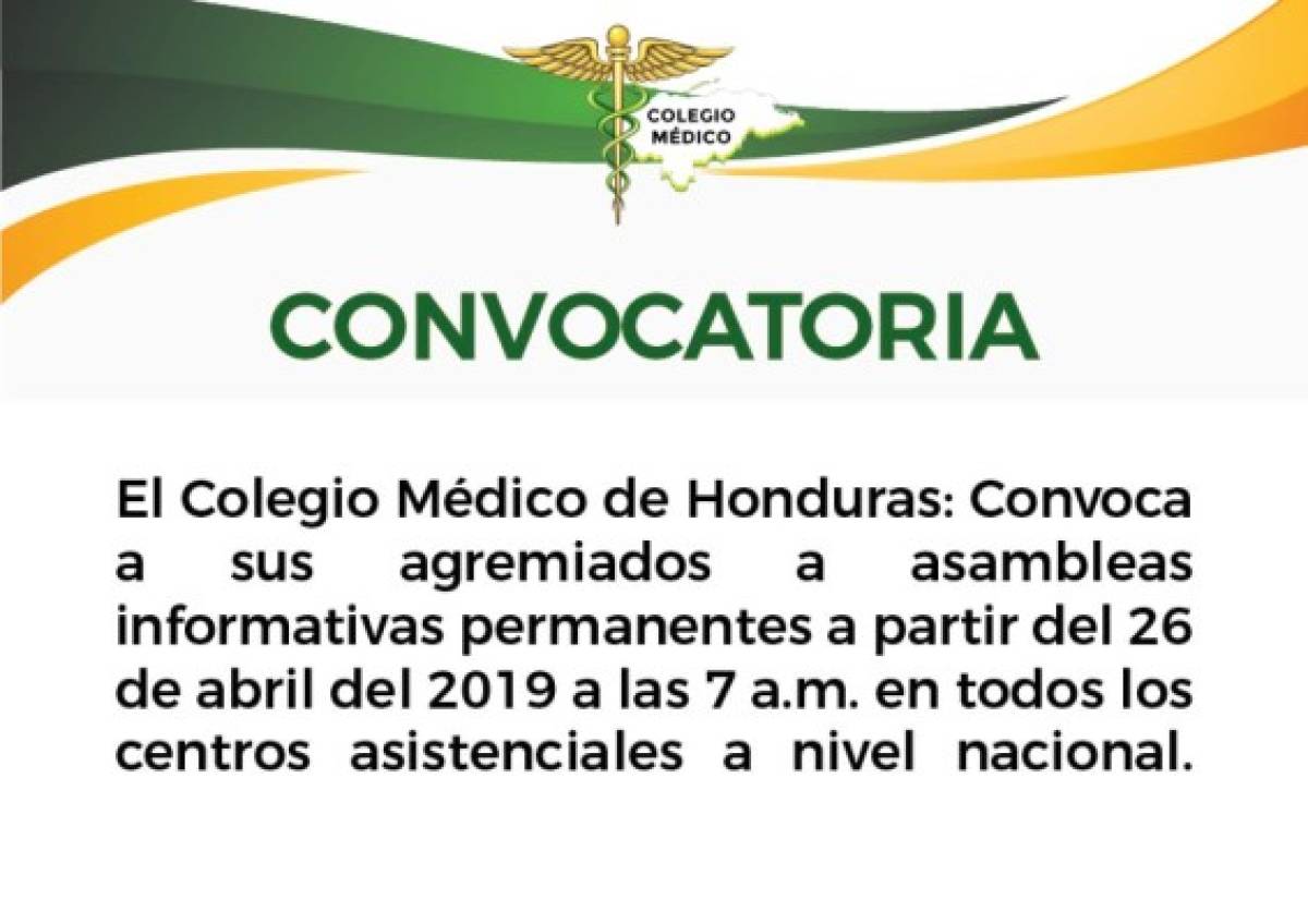 Colegio Médico de Honduras convoca a paralizar labores por decretos aprobados en el Legislativo