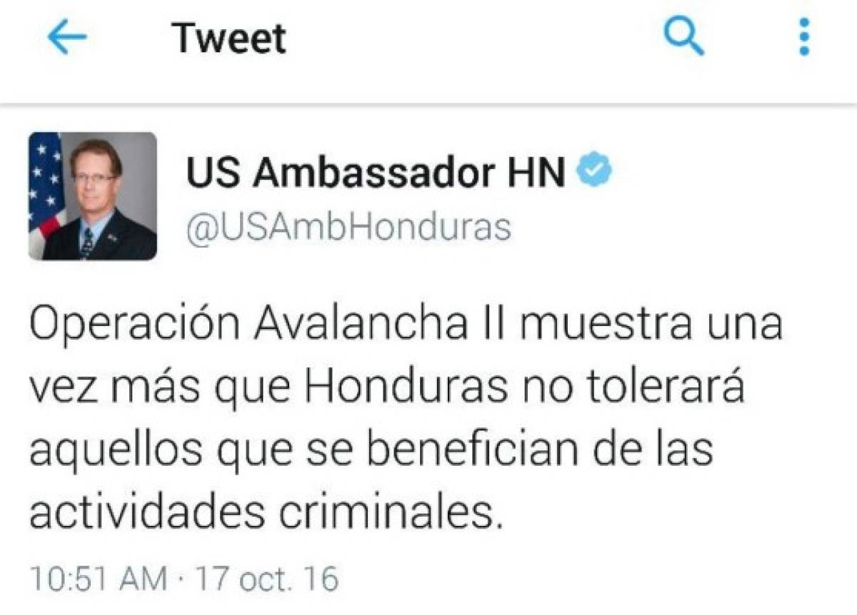 El embajador de Estados Unidos en Honduras, James Nealon se pronunció a través de Twitter en torno a la Operación Avalancha. (Foto: El Heraldo Honduras/ Noticias de Honduras)