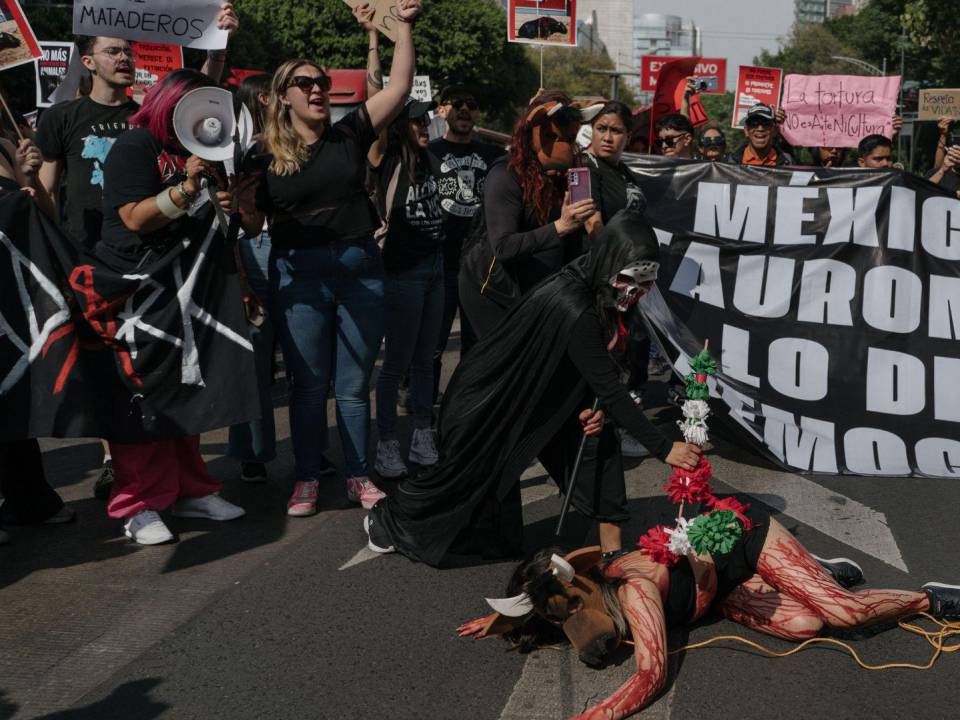 “Ningún animal debería sufrir”, dijo Shantel Delgado, una activista bañada en pintura roja afuera de La Plaza México.
