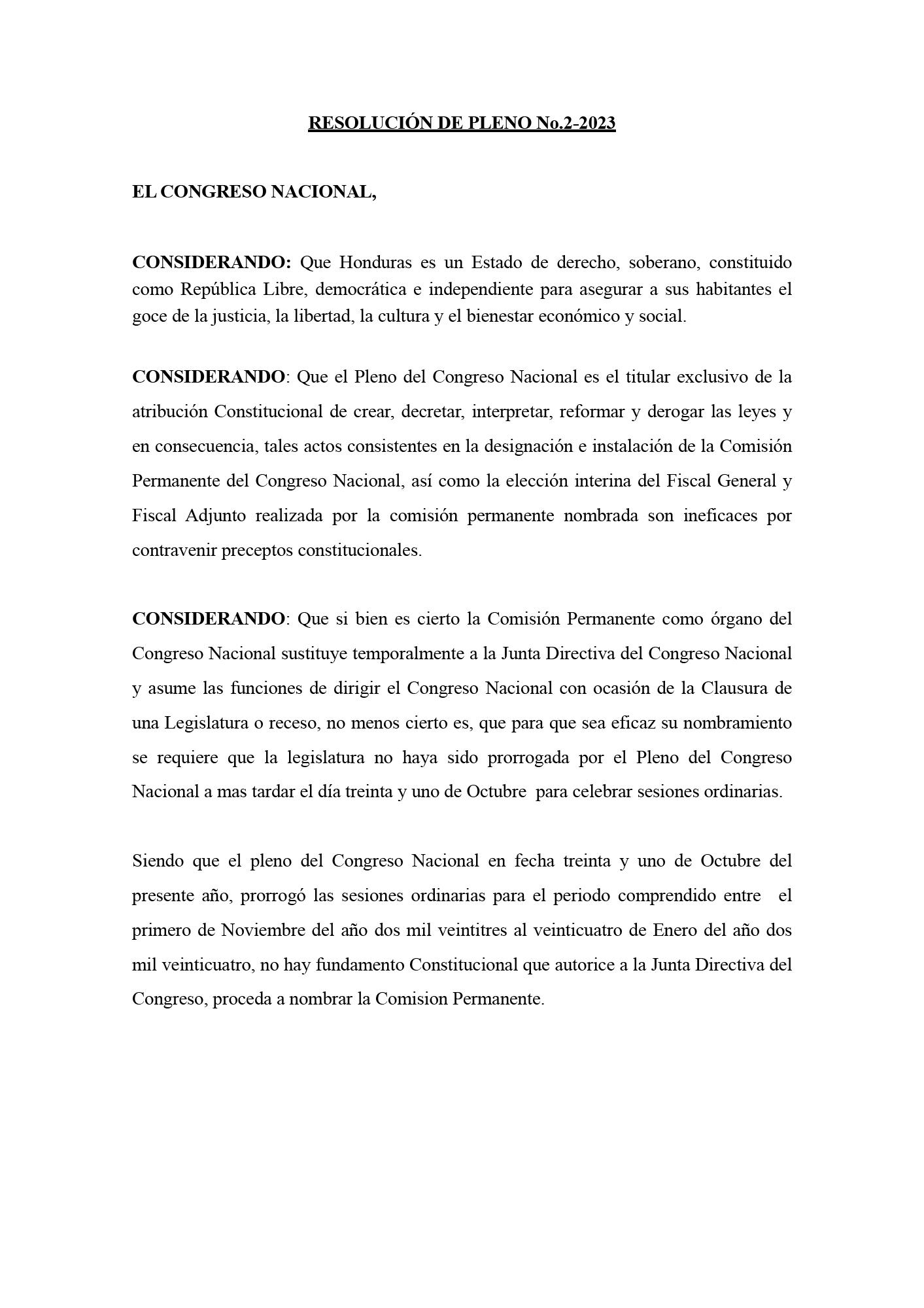 Resolución de Pleno 1-2023 que deja sin valor y efecto elección interina de Johel Zelaya como Fiscal General y Mario Morazán como Fiscal Adjunto