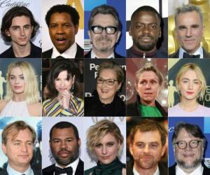 Actores nominados para los 90 premios de la Academia, los Oscar, en un papel principal (de izquierda a derecha) Timothee Chalamet, Denzel Washington, Gary Oldman, Daniel Kaluuya y Daniel Day-Lewis - Fila central: actrices nominadas para los 90 Premios de la Academia en un papel principal (De izq a der) Margot Robbie, Sally Hawkins, Meryl Streep, Frances McDormand y Saoirse Ronan - Fila inferior: directores nominados para el 90 Premios de la Academia (de izquierda a derecha) Christopher Nolan, Jordan Peele, Greta Gerwig, Paul Thomas Anderson y Guillermo del Toro. Foto: AFP/El Heraldo Honduras.