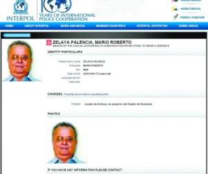 En el portal de Interpol se publica la alerta contra Mario Zelaya Palencia.
