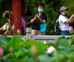 Personas con mascarillas para protegerse del nuevo coronavirus toman fotografías de flores de loto en un parque público en Beijing. Foto: AP