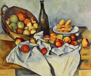 “Cesto de manzanas”, 1895. Extraña composición, aquí llegó a su fin la perspectiva renacentista, las manzanas no se caen porque una nueva gravedad las sostiene: la mirada de Cézanne.