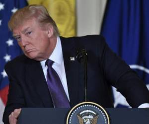 El Presidente de los Estados Unidos, Donald Trump, toma una pregunta durante una conferencia de prensa conjunta con el Secretario General de la OTAN, Jens Stoltenberg, en la Sala Este de la Casa Blanca en Washington, DC.