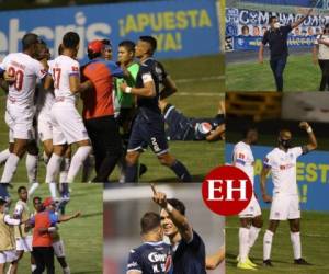 En un polémico partido el Motagua se impuso 2-1 frente al Olimpia en la ida de la final de la liguilla del Torneo Clausura 2021. En un encuentro marcado por el arbitraje de Armando Castro, esta nueva edición del clásico nacional dejó varios momentos como la bronca de Pedro Troglio, homenajes a jugadores y la presencia de un invitado especial en el palco. Fotos: Marvin Salgado | EL HERALDO