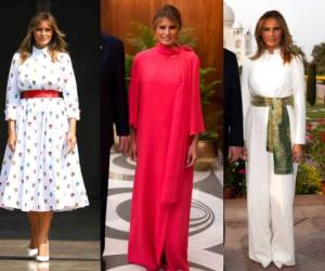 Melania Trump viajó al país asiático, en una gira de dos días, usando diseños inspirados en la vestimenta tradicional de India. Fotos: AFP/AP.