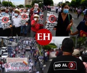 Los participantes de la marcha protestaron contra la implementación de bitcoin en El Salvador y exigieron que no se implemente la ley que dará efecto a las criptomonedas en el país a partir de septiembre. Fotos: AFP