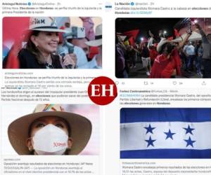 Tras la divulgación de los dos primeros cortes de los resultados de las elecciones generales en Honduras, los medios internacionales han comenzado a destacar la ventaja que beneficia a la candidata de Libertad y Refundación (Libre), Xiomara Castro. Fotos: Capturas de pantalla