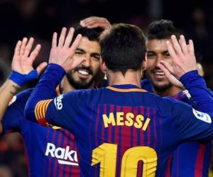Lionel Messi consiguió el primer gol del Barcelona en la Liga en el año 2018 cuando en el minuto 12 remató a la media vuelta un pase de cabeza de su compañero Jordi Alba. Foto: AFP