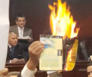 Momento en que el diputado Ramón Soto sostiene la Constitución en llamas.