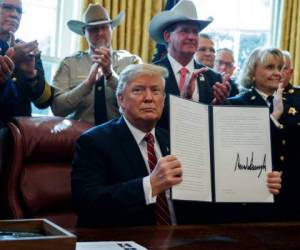 El presidente Donald Trump firma el primer veto de su presidencia en la Casa Blanca, 15 de marzo de 2019, en Washington. (AP Foto/Evan Vucci).