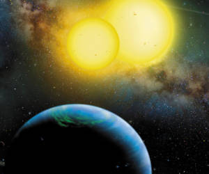 This handout illustration provided by San Diego State University, shows a newly discovered planet, called Kepler 35, that circles not one but two stars. Scientists thought this type of two-sun system _ made famous as the home planet of the fictional Luke Skywalker _ is too unstable to support planets. But so far they\u2019ve found three of these planets with two suns, showing that planets seem to be everywhere. The study is in this week\u2019s journal Nature. (AP Photo/Lynette R. Cook, San Diego State University)