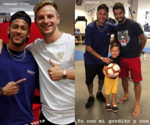 Neymar aparece muy contento con Ivan Rakitic y Luis Suárez tras su visita a los entrenamientos del Barcelona.
