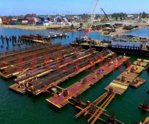 Así lucen los avances del muelle 6 de contenedores que la OPC construye en Puerto Cortés.