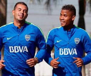 Los jugadores colombianos del Boca Juniors durante el entrenamiento. (AFP)