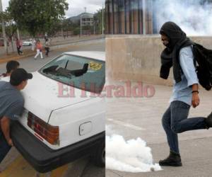 Un grupo de manifestantes encapuchados protagonizó este lunes en hora de la tarde un fuerte disturbio en Ciudad Universitaria. Producto del lanzamiento de piedras y objetos pesados los parabrisas al menos dos taxis se quebraron. Foto Johny Magallanes| EL HERALDO