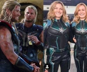 Chris Hemsworth (Thor) y su doble Bobby Holland. Brie Larson (Capitana Marvel) junto a su doble personaje.