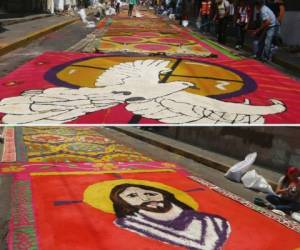 Las tradicionales alfombras de aserrín vistieron de color las calles del centro de la capital de Honduras este Viernes Santo. Con imágenes religiosas plasmada a detalles, los feligreses expusieron su devoción a Jesús. Fotos: Efraín Salgado / EL HERALDO.